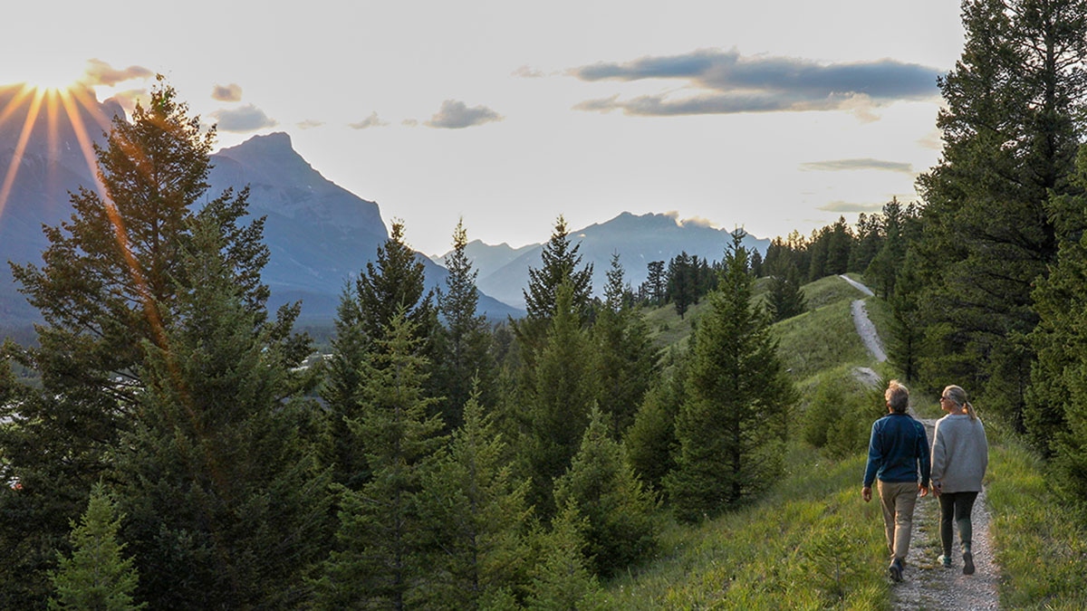 Retired Alberta educator couple embracing on a hillside, watching their family enjoy an outdoor gathering with travel coverage peace of mind