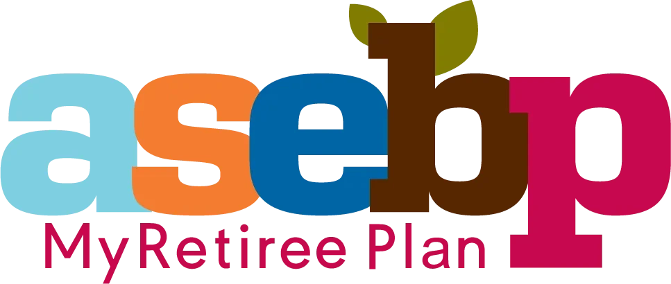 logo for ASEBP MyRetiree Plan with colorful lowercase letters and green leaf accent for Alberta education retirees